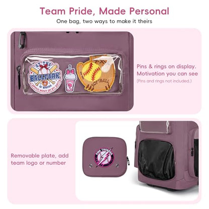 KAVIGOR 80L Rolling Baseball & Softball Bag for Youth & Adult, Holds 3 Gloves & 4 Bats, Custom Team Panel, Travel Ball Ready - color: Berry Pink