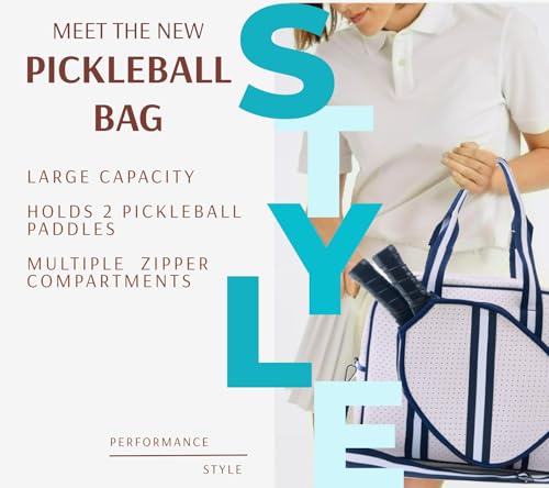 Pickleball Sports Tote Bag with Racket Holder, Neoprene, Adjustable Shoulder Strap - color: White