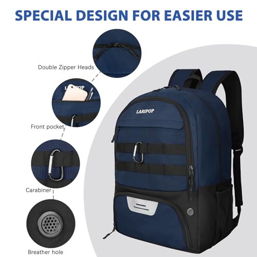 LARIPOP Soccer Backpack with Ball Holder & Shoe Compartment Large Capacity Youth Sports Bag for Training - color: Dark Blue