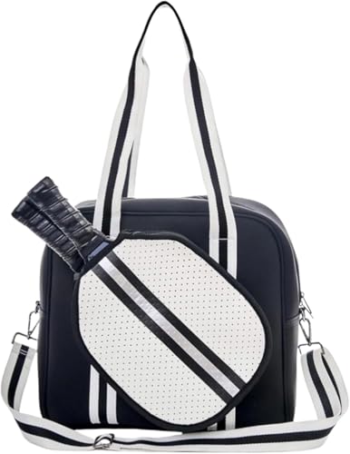 Pickleball Sports Tote Bag with Racket Holder, Neoprene, Adjustable Shoulder Strap - color: Black