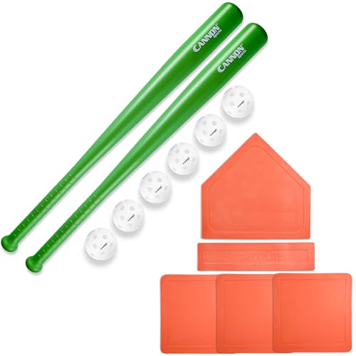 Cannon Sports Plastic Baseball Set with Two 29.5-Inch Bats, 6 Baseballs and 5 Throwdown Baseball Bases for Indoor Outdoor Games - color: Green, style: 2 Bats + 6 Balls + Orange Bases