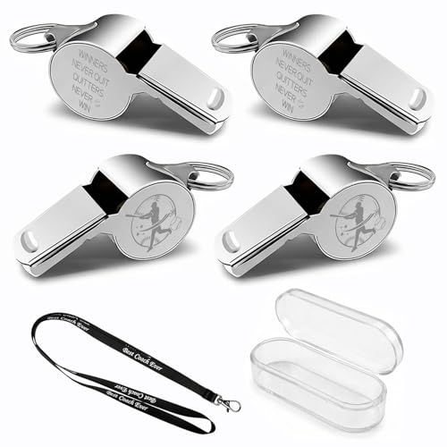 4 Pack Baseball Coach Whistle Set Stainless Steel Engraved Whistles Sports Whistle with Lanyard Inspirational Gifts for Baseball Coaches Referees Players
