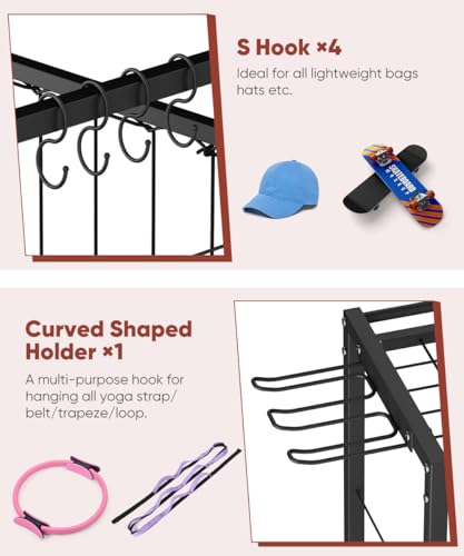 3 Tiers Dumbbells Yoga Mat Storage Rack with Elastic Straps for Kettlebells Foam Roller Resistance Bands Balls, Workout Equipment Organizer Weight Storage Holder with Hooks for Home Gym