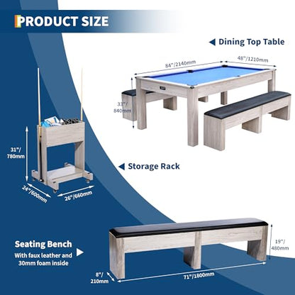 Garvee 7FT 3-in-1 Pool Table with Dining Top & Table Tennis, Multi Game Billiard Table Set with HDF Wood Grain Finish, Includes Cues, Balls, Ping Pong Paddles and Rolling Storage Caddy - color: Blue