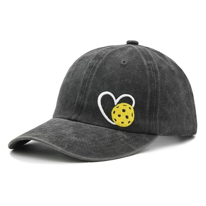 Pickleball Hat with Gift Box, Pickleball Gifts for Women Men, Adjustable Embroidered Heart Baseball Cap - color: Black