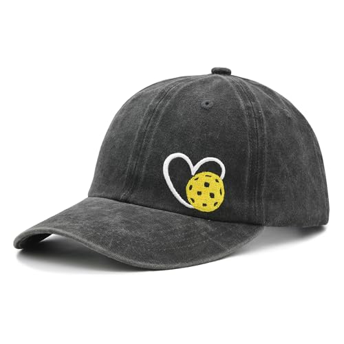 Pickleball Hat with Gift Box, Pickleball Gifts for Women Men, Adjustable Embroidered Heart Baseball Cap - color: Black