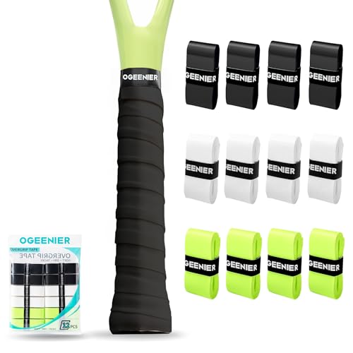 Tennis Racket Grip Tape, 3, 6, 12 Pack Tennis Overgrip Tape, Absorbent and Anti-Slip, Precut Soft Racquet Wrap Grips Tape for Pickleball Paddle/Badminton - color: Black/ White/Green Yellow, size: 12 Pack
