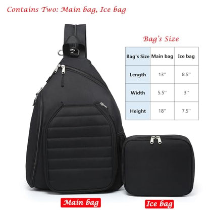 Sling Bag Crossbody Backpack for Pickleball Paddle Tennis Racketball Travel for Men and Women, with Ice Bag 2PS - color: Black
