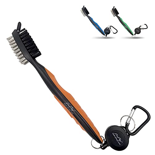 ProPlay Golf Club Brush and Groove Cleaner - Retractable Zip-line Aluminum Carabiner | Lightweight and Ergonomic Design | Easily Attaches to Golf Bag - color: Orange