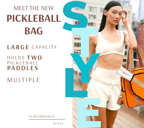 Pickleball Sports Tote Bag with Racket Holder, Neoprene, Adjustable Shoulder Strap - color: Orange