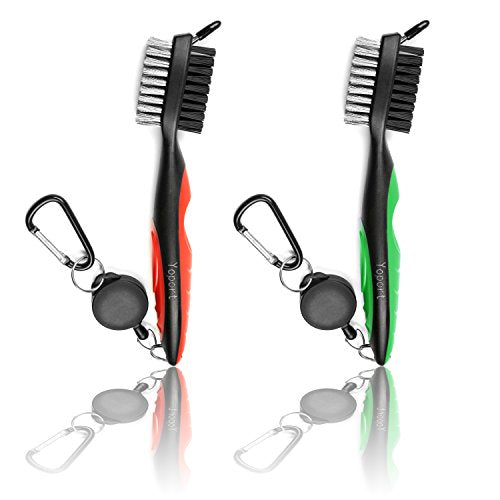 Yoport® Golf Club Brush and Club Groove Cleaner 2 Ft Retractable Zip-line Aluminum Carabiner, Lightweight and Stylish, Ergonomic Design, Easily Attaches to Golf Bag - color: Red+green