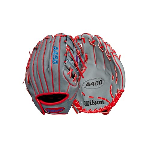 Wilson | A450 | Adult + Youth Baseball Glove + Mitt | Sizes 10.75" - 12" | Right + Left Hand Throw | Multiple Styles - color: Grey/Red/Royal, size: 10.75" | Infield