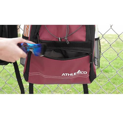Athletico Youth Baseball Bag - Bat Backpack for Baseball, T-Ball & Softball Equipment & Gear | Holds Bat, Helmet, Glove | Fence Hook - color: Maroon