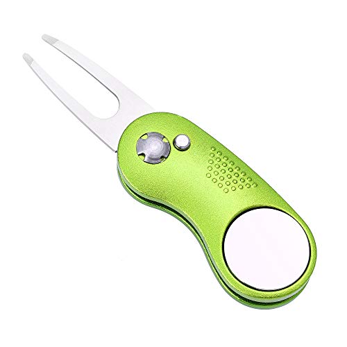 Mile High Life Golf Divot Repair Tool, All Metal Foldable Divot Tool with Pop-up Button & Magnetic Ball Marker - color: Lime Green Curve