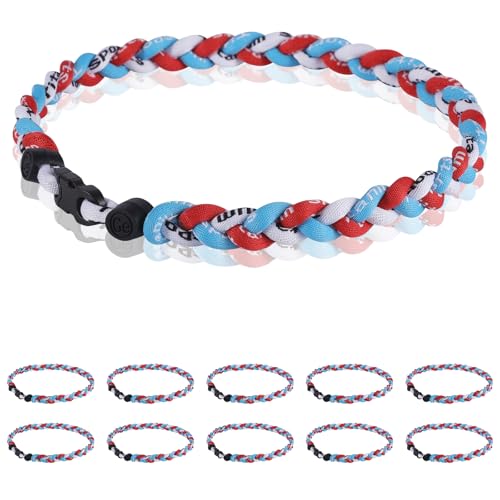 12 Pack Baseball Necklace 18inch, Team Gift for Baseball Funs, Three Braided Titanium Tornado Rope Design, with Muti - Color for Pick - color: Light Blue-Red-White