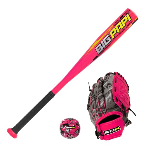 Ortiz34 Youth T-Ball Set, 25” Signature Aluminum T-Ball Bat with -10 Drop, Foam Core T-Ball, 9” Lightweight Youth Glove, Vibrant Graffiti Print - color: Pink