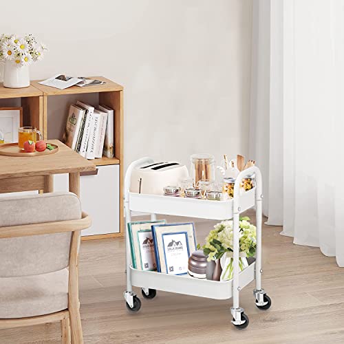 2 Tier All-Metal Rolling Cart, Rolling Storage Cart with Handle and Locking Wheels Kitchen Cart Laundry Office Bathroom Storage Organizer Cart, White - size: 2 Tier White