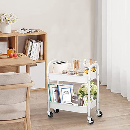 2 Tier All-Metal Rolling Cart, Rolling Storage Cart with Handle and Locking Wheels Kitchen Cart Laundry Office Bathroom Storage Organizer Cart, White - size: 2 Tier White