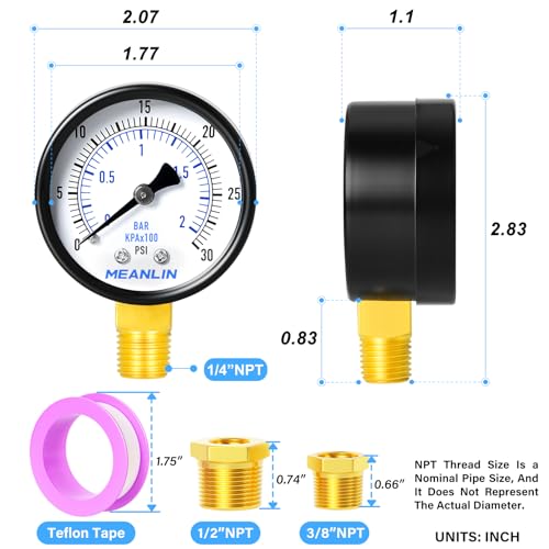 0-30Psi 2" DIAL FACE 1/4" NPT Well Pump Pressure Gauge, with 1/2" NPT and 3/8" NPT Hex Bushing, 3-2-3% Accuracy, Lower Mount - size: 0-30Psi, style: 1/4"NPT Lower Mount