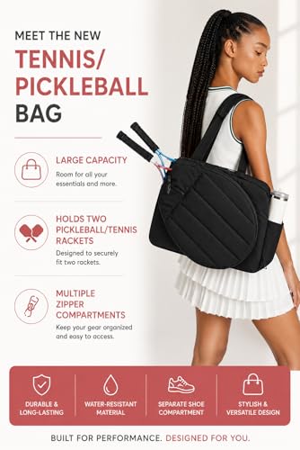 Pickleball,Tennis Racket Bag,Gym Bag for Women,Man. Quilted, Holds 2 Rackets with Shoe Compartment. Sport Bag for Gym, Court, Travel Duffle Bag - color: Black