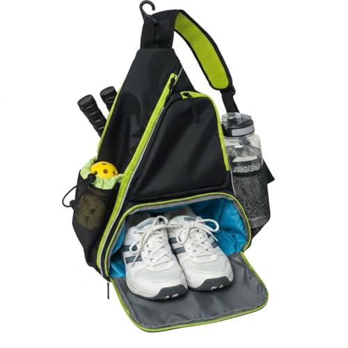 Pickleball Sling Bag with Shoe Compartment for Men Women, Professional 2-3 Paddle Backpack, Large Capacity Bag with 36oz Water Bottle Pocket & Fence Hook - color: Black/Neon Green