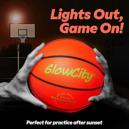 GlowCity Glow in The Dark Basketball - Size 5, 6, 7 Light Up Ball for Kids, Teens & Adults - Night Outdoor Games - Sports Birthday Gifts Ideas for Boys Ages 6 7 8 9 10 11 12 13 14 15 - size: Size 7 - 29.5", style: Rechargeable Rubber (Pump + Box)