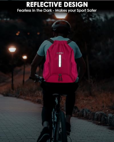 BROTOU Soccer Drawstring Backpack, Basketball Bag, Volleyball Football Bags with Ball and Shoe Compartment - color: Rose Red