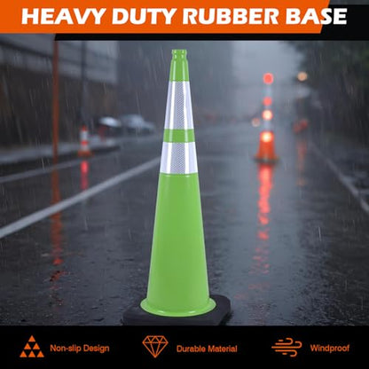 4 Pack 36 Inch Green PVC Traffic Cones Black Base Stable Large Size, Highway Traffic Outdoor Construction Safety Warning Cones (4, Green, 36 Inch) - color: Green, size: 36 Inch