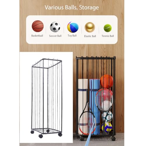 Garage Ball Storage Rack, Vertical Basketball Holder with Wheels, Rolling Ball Storage Cart Garage Sports Equipment Organizer for Footbal Volleyball Soccer Gym