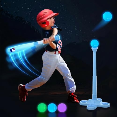 Leshein LED Tball Set for Toddlers 3-5, 5-8, Light up Tee Ball Set for Toddlers, Glow in The Dark T Ball Set for Kids 3-5, Kids Outdoor Toys Baseball Toys Gifts for Boys Girls (Blue) - color: Blue