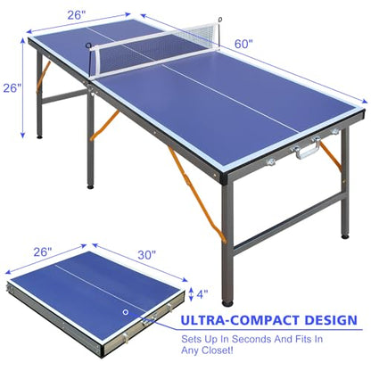 5ft Mid-Size Table Tennis Table Foldable & Portable Ping Pong Table Set for Indoor Games with Net, 2 Table Tennis Paddles and 3 Balls