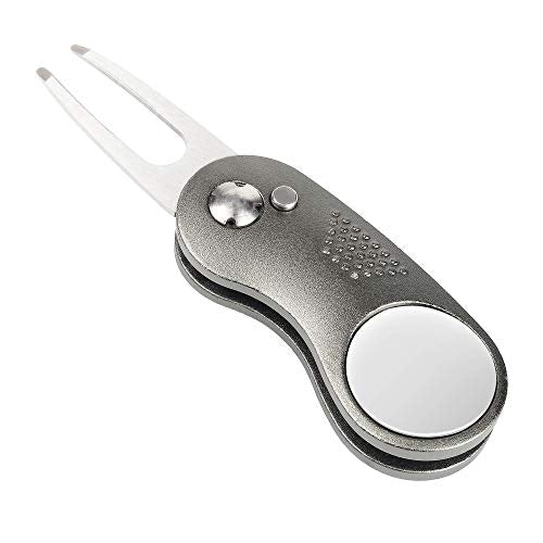 Mile High Life Golf Divot Repair Tool, All Metal Foldable Divot Tool with Pop-up Button & Magnetic Ball Marker - color: Gray Curve