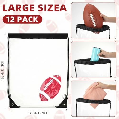 Cholemy 12 Pcs Clear Football Drawstring Bags Drawstring Backpack 17 x 13 Inch Football Gift Bags Goodie Bags Party Favor Bags Waterproof Plastic Sports Gym Bags for Football Sports Events Stadium - style: Football Style