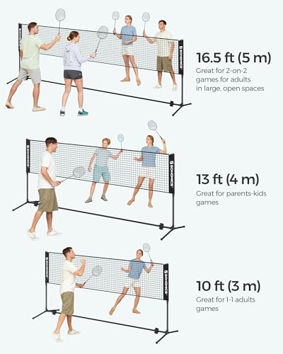 SONGMICS Badminton Net, Height Adjustable Volleyball Net, Pickleball Net for Junior Tennis, Kids, Indoor Outdoor Court, Foldable Nylon Net with Poles 10ft/13ft/16.5ft Wide
