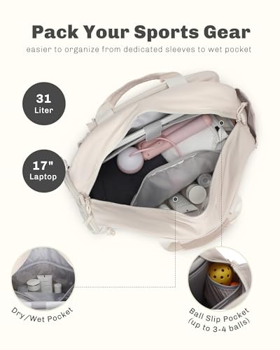 Hynes Eagle Pickleball Bag Tennis Gym Bag for Women Holds 2 Rackets with Shoe Compartment & Wet Pocket Sport Duffle Bag 17 inches Laptop Overnight Weekender - color: Beige