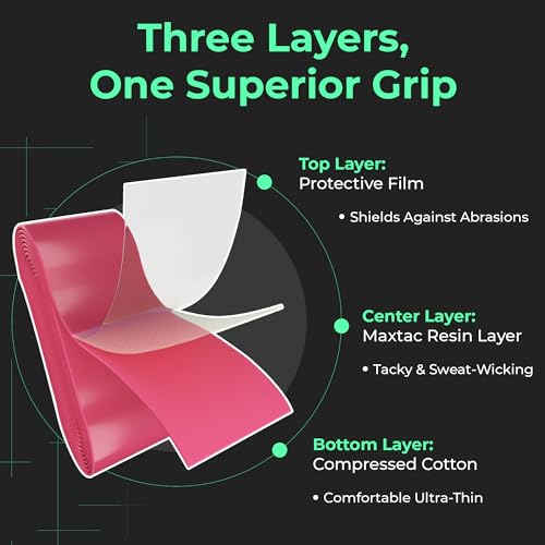 ADV MaxTac Tacky Tennis Overgrip - 12 Pack Extremely Sticky Non-Slip Tennis Grips Overgrip - Razor-Thin & Easy to Use Pro Tennis Racquet Grip Tape (12-Pack Pink)