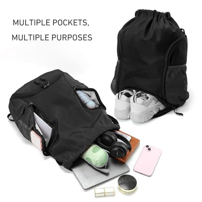 Valleycomfy Sports Gym Bag Drawstring Backpack with Shoes Basketball Bag and Two Water Bottle Holder,Black