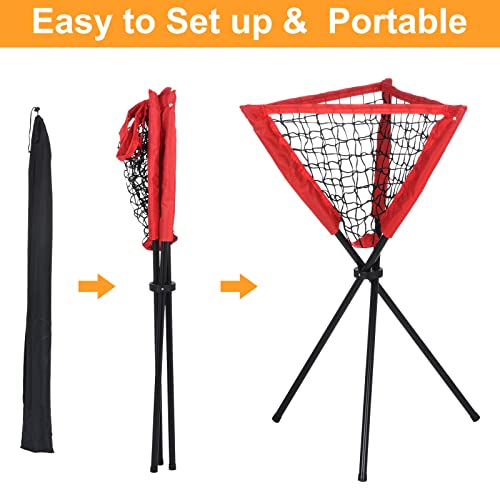 PATIKIL Baseball Caddy Portable Baseball Bucket of Balls Batting Practice Ball Caddy Stand with Carry Bag for Softball Holders Hitting Batting Practice Training, Red