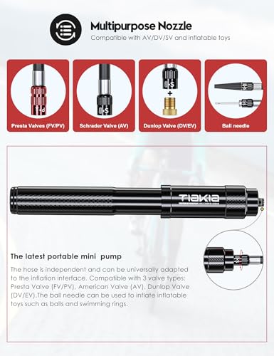 Tiakia Mini Bike Pump, Portable Bicycle Pump with Bracket, 260PSI High Pressure Frame Pump Air Hand Pump Fit Presta, Schrader & Woods Valves, Aluminum Alloy Tire Pump for Road/Mountain Bikes, Balls