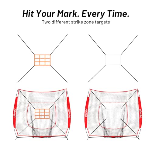 Ativafit 7x7 Baseball Practice Net - Portable Pitching & Batting Training Net with Hung Net*2 - Easy Setup Baseball Net - Includes, Practice Balls*3, Batting Tee*1, Carry Bag*1 - color: RED