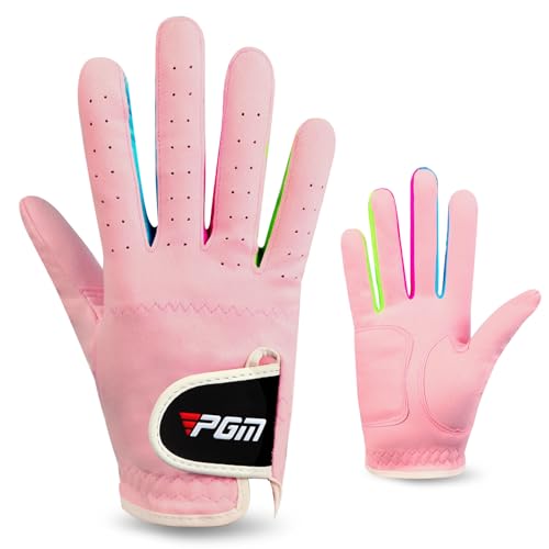 PGM Kids Youth Junior Toddler Boys Girls Golf Gloves Microfiber Synthetic Gloves for Left Hand Right Hand Golf Gloves White/Pink Age 4-12 - color: Pink, size: Medium