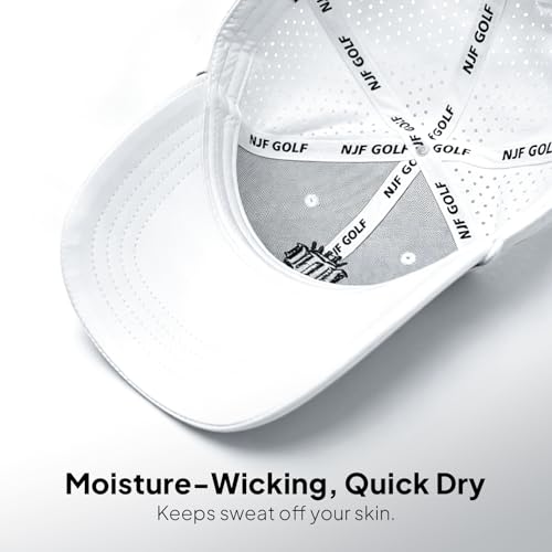 NJF Golf Hat Men - Breathable Mens Golf Hats, Adjustable Rope Hook and Loop Style Cap, Convenient Cap with Tee Holder - color: Arctic White