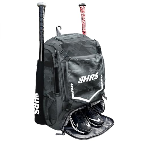 Hit Run Steal Bat Bag Backpack, Holds 4 Bats, Gloves, Helmet, and Cleats, Gray Camo
