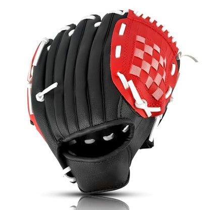 Baseball Glove + Ball Sets, Softball Glove, Baseball Mitt, 10.5''-12.5'' for Youth/Adult Training and Beginner Play, Synthetic Leather Softball Mitt - color: Black,Red, size: 10.5"