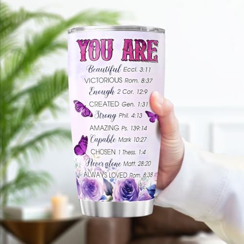 Christian Gifts for Women of Faith, Purple Butterfly Floral Cross Design 20oz Stainless Steel Insulated Tumbler, Religious Inspirational Bible Verse Travel Cup for Mom, Sister, Friend - color: Faith and Bible Verse
