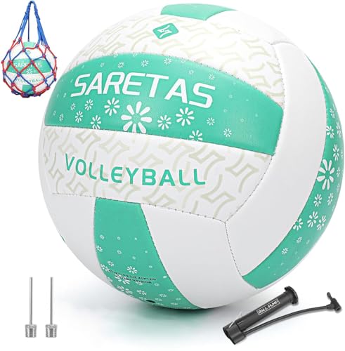 Saretas Volleyball Soft Beach Volleyball - Official Size for School, Indoor, Outdoor and Play Game Gym Workout - Play for Girls, Adults and Family. - color: Green Volleyball with Pump