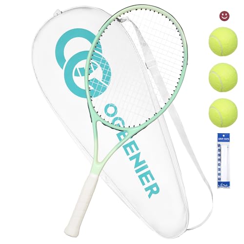 27 Inch Adult Tennis Racket Set, Pre-Strung Beginners Tennis Racquet, Lightweight and Recreational Aluminum Rackets with Overgrip, Tennis Balls and Tennis Bag for Men Women - color: Light Green