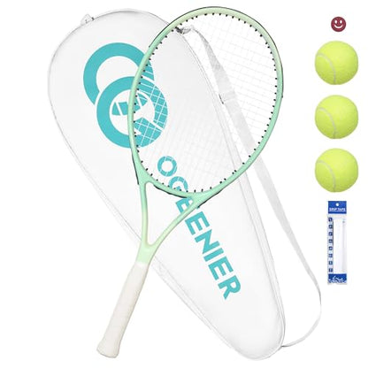 27 Inch Adult Tennis Racket Set, Pre-Strung Beginners Tennis Racquet, Lightweight and Recreational Aluminum Rackets with Overgrip, Tennis Balls and Tennis Bag for Men Women - color: Light Green