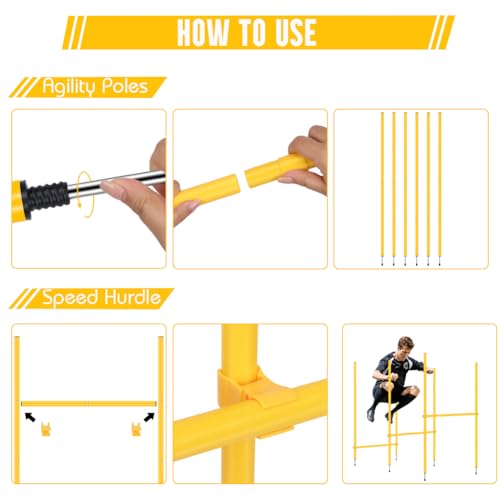 Agility Training Set: 3 Adjustable Speed Hurdles, 6 Agility Poles, 1 Agility Ladder, 12 Soccer Cones & Jump Rope, Multi-Function Soccer Training Equipment for Athletes, Amateurs, Youth