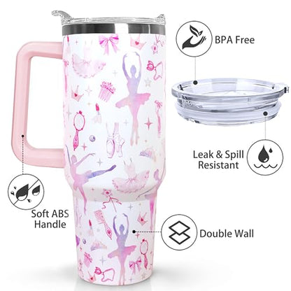 Ceovfoi 40oz Tumbler with Handle，Lid & Straw Vacuum Insulated Travel Coffee Mug, Ballet Gifts for Girls Women, Ballerina Dance Lover Appreciation Gift - color: Ballet